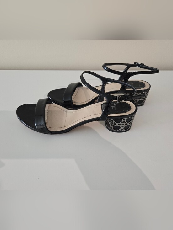 Dior Shoes - Dior Black Patent Leather Strappy Block Heel Sandals Size 38